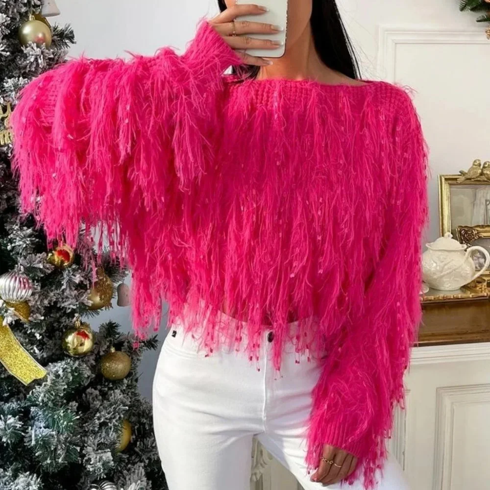 Statement maker! Barbie Fuzzy Fringe Crop knit Sweater top Pink - Picture 1 of 7